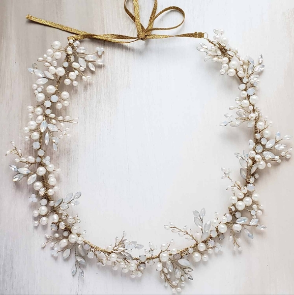 Twigs and Honey Opal and Pearl Lush Bridal Hair Vine in Gold - Picture 4 of 5